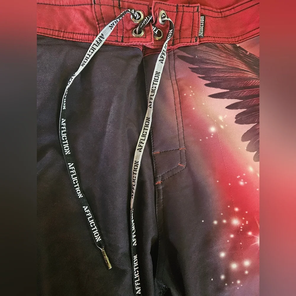 Affliction Board Shorts Men’s 42 Red Black Crow Dragon Graphic Swim Trunks